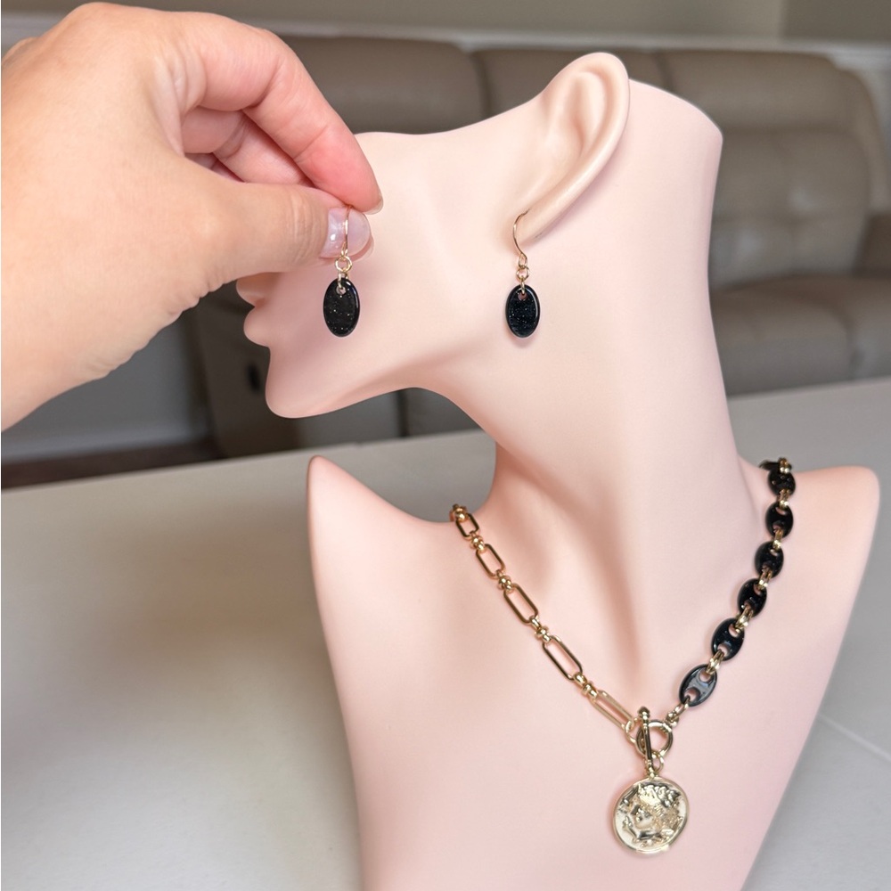 Gold and Black Chain Link Coin Necklace with Matching Drops Earrings - Picture 3 of 11
